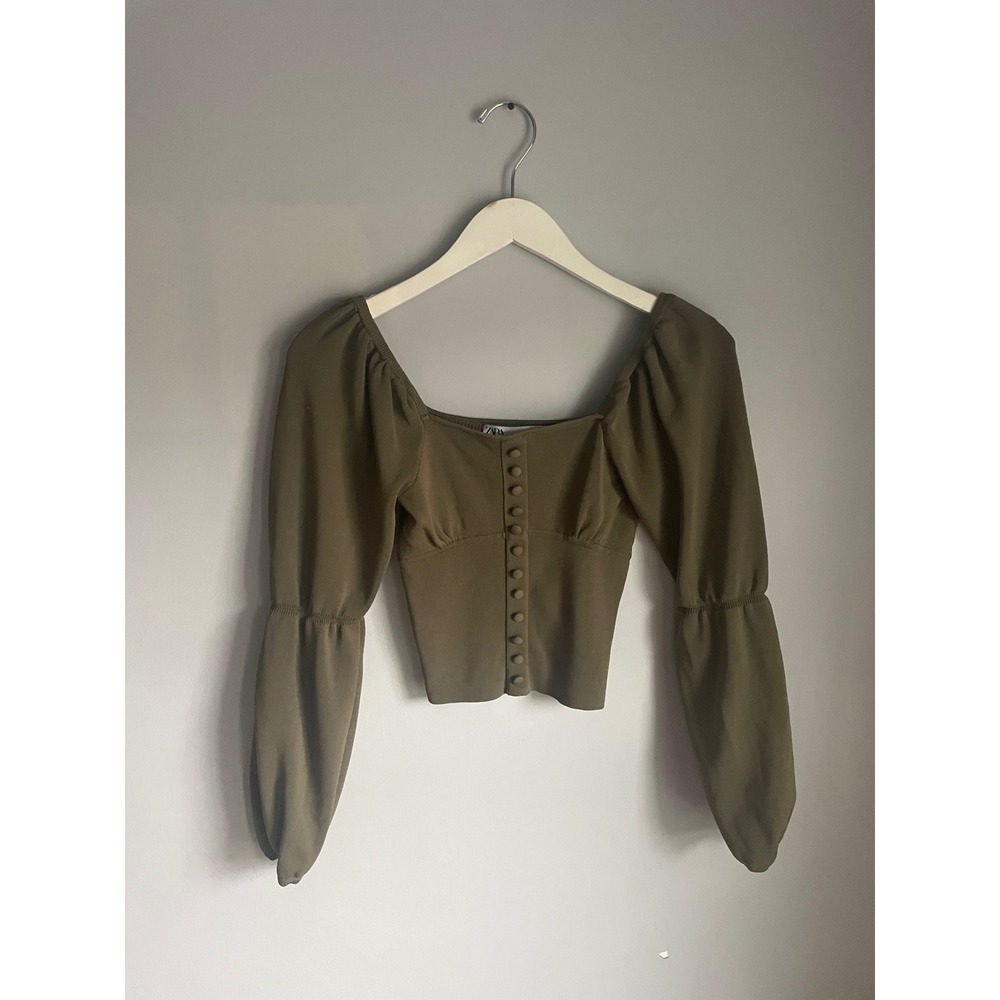 Zara Ren Faire Olive Green Knit Button Front Balloon Sleeve Crop Top Small